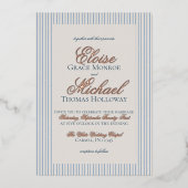 Elegante oude geld script blauwe streep bruiloft folie uitnodiging (Voorkant)