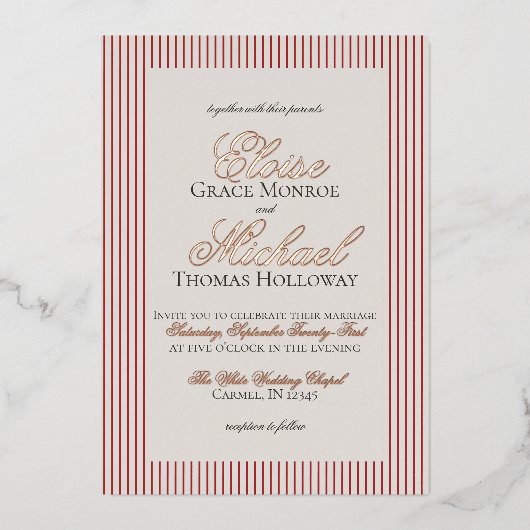 Elegante oude geld script rode streep bruiloft folie uitnodiging (Voorkant)