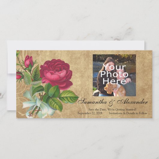 Elegante Oude Roos, Magenta/Bruin Save The Date (Voorkant)