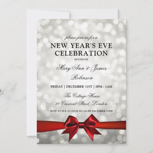 Elegante oudejaarsavond zilveren bokeh verlicht ro kaart (Voorkant)