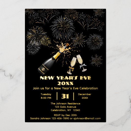 Elegante oudejaarsuitnodiging met vuurwerk folie uitnodiging (Voorkant)