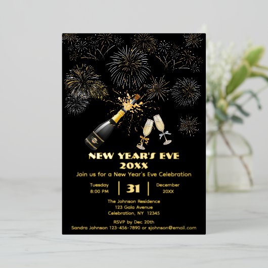 Elegante oudejaarsuitnodiging met vuurwerk folie uitnodiging (Staand Voorkant)