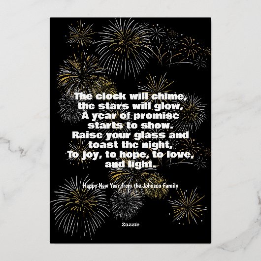 Elegante oudejaarsuitnodiging met vuurwerk folie uitnodiging (Achterkant)