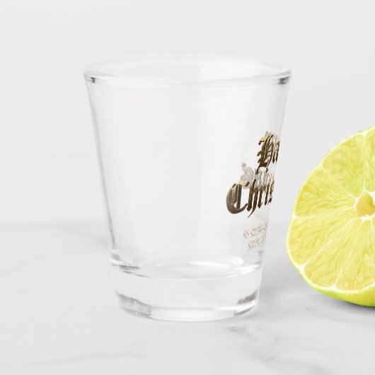 Elegante Oudengelse Lettering Gelukkig Kerstmis Shot Glas (Links)