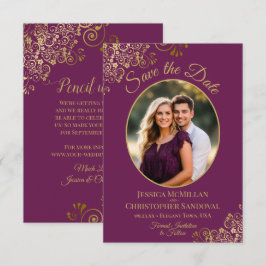 Elegante Ovale Foto Goud & Magenta Paarse Bruiloft Save The Date