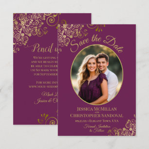Elegante Ovale Foto Goud & Magenta Paarse Bruiloft Save The Date