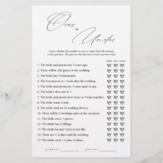 Elegante Over of Under Bruidsdouche Spelkaart (Voorkant)
