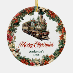 Elegante overdadige kerstkrans  trein keramisch ornament