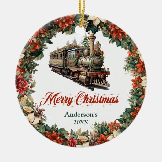 Elegante overdadige kerstkrans trein keramisch ornament (Voorkant)