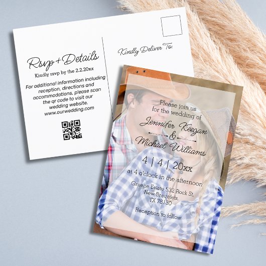 Elegante overlay foto QR code RSVP bruiloft Uitnodiging Briefkaart