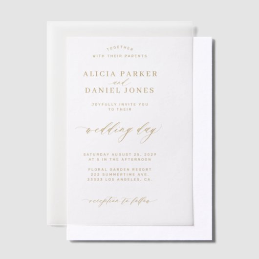 Elegante overlay gouden en witte bruiloft vellum uitnodigingen (Offset)