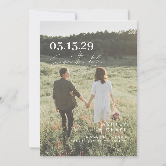 Elegante Overlay Modern Script Typografie 3 Foto Save The Date (Voorkant)