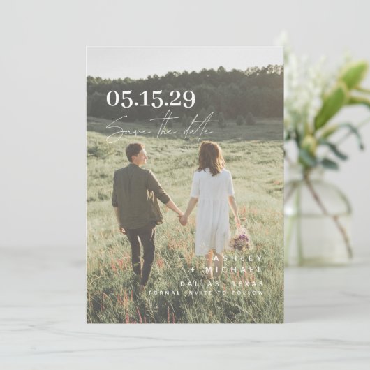 Elegante Overlay Modern Script Typografie 3 Foto Save The Date (Staand voorkant)