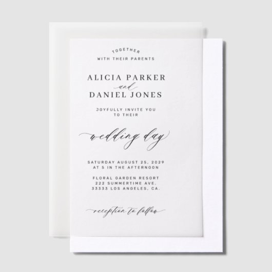 Elegante overlay zwart-wit bruiloft vellum uitnodigingen (Offset)