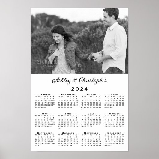 Elegante Paar Foto en Namen 2024 Kalender Poster (Voorkant)
