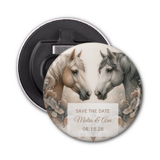 Elegante paarden bruiloft Save the Date Button Flesopener (Voorkant)