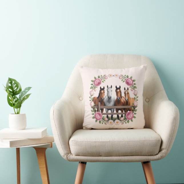 Elegante paarden in bloemenslinger kunst kussen (Stoel)