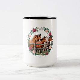 Elegante paarden in bloemenslinger kunst  tweekleurige koffiemok