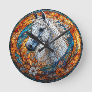 Elegante paardenportret in glas-in-lood ronde klok