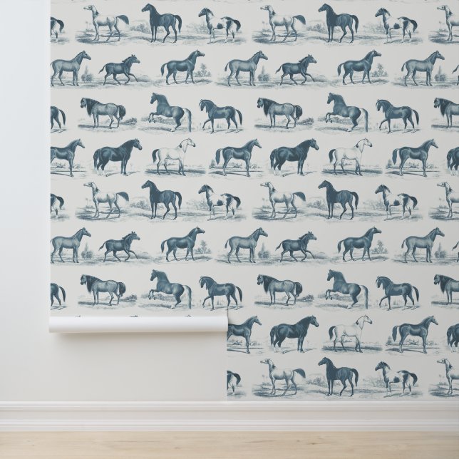 Elegante  paardenrassen Patroon Dusty Blue Behang (Applicatie)