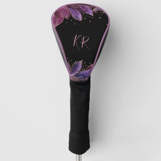 Elegante Paars Blauw Goud Blad Monogram Initiaal Golfheadcover (Voorkant)