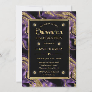 Elegante Paars & Goud Glitter Agate Quinceanera Kaart