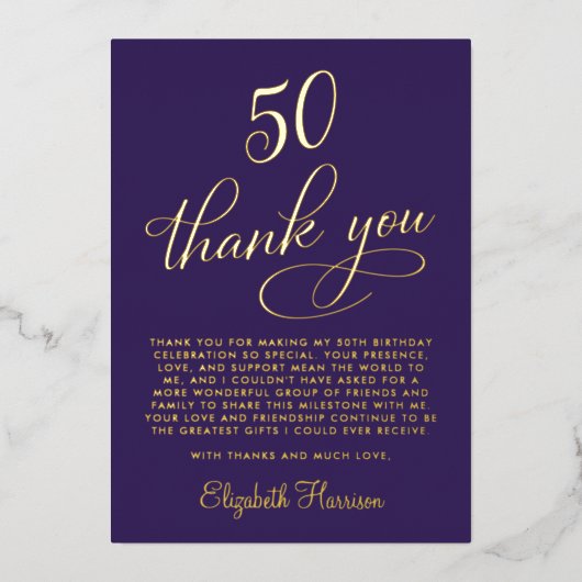 Elegante Paarse 50ste verjaardag Folie dank u kaar Folie Uitnodiging (Voorkant)