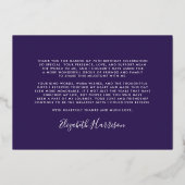 Elegante Paarse 70ste verjaardag Folie dank u kaar Folie Uitnodiging (Achterkant)