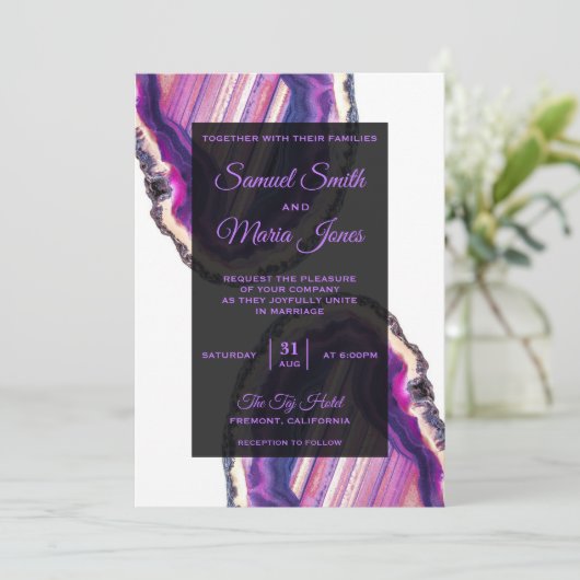 Elegante Paarse agaat bruiloft uitnodiging (Staand voorkant)