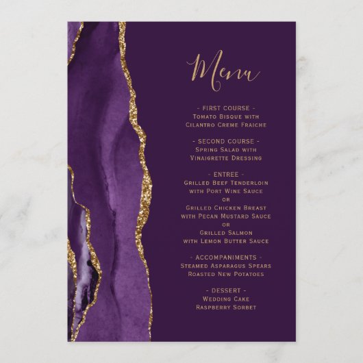 Elegante Paarse Agaat Plum Bruiloft Menu (Voorkant)