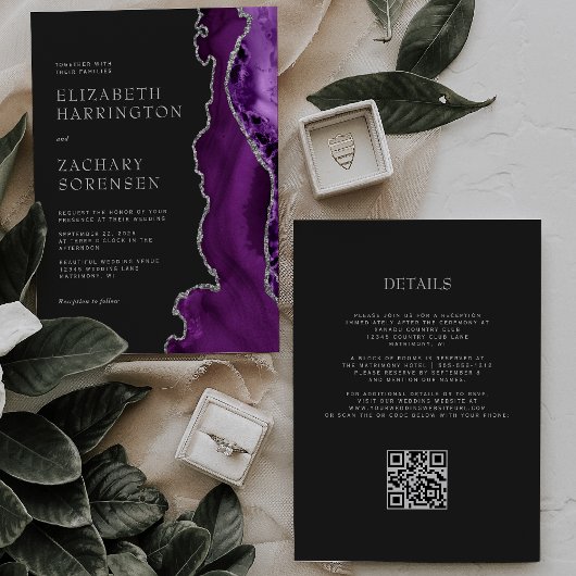 Elegante Paarse Agaat Silver Dark QR Code Wedding Kaart