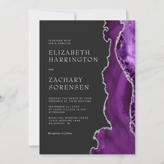 Elegante Paarse Agaat Silver Dark QR Code Wedding Kaart (Voorkant)