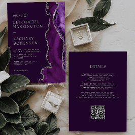 Elegante Paarse Agaat Silver Plum QR Code Wedding Kaart