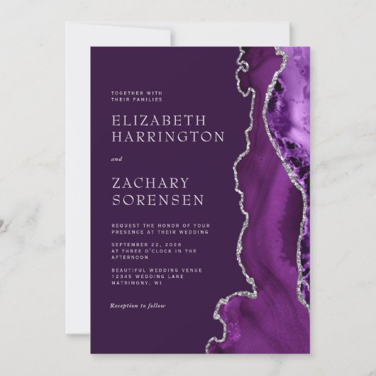 Elegante Paarse Agaat Silver Plum QR Code Wedding Kaart (Voorkant)