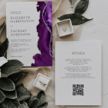 Elegante paarse agaat zilveren QR-code trouwkaart