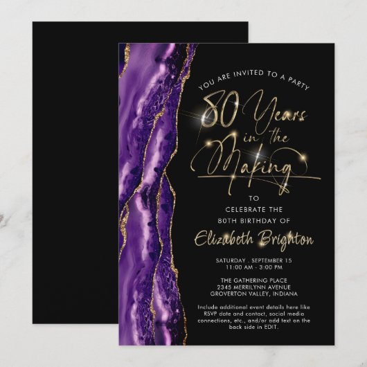 Elegante Paarse agaat zwart goud 80e verjaardag Kaart (Voorkant / Achterkant)