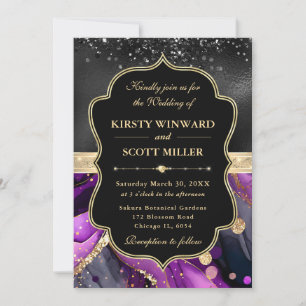 Elegante Paarse Agaat Zwarte Glitter Bruiloft Kaart