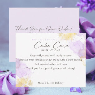 Elegante Paarse Aquarel Cake Verzorgingsinstructie Bedankkaart