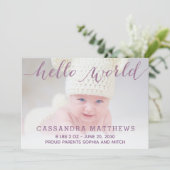 Elegante Paarse Baby geboortefotoaankondiging Aankondiging (Staand voorkant)