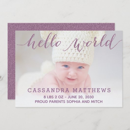 Elegante Paarse Baby geboortefotoaankondiging Aankondiging (Voorkant / Achterkant)