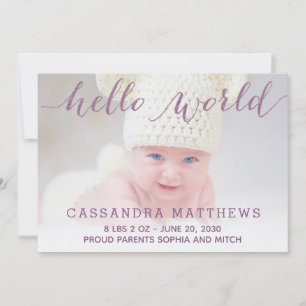 Elegante Paarse Baby geboortefotoaankondiging Aankondiging