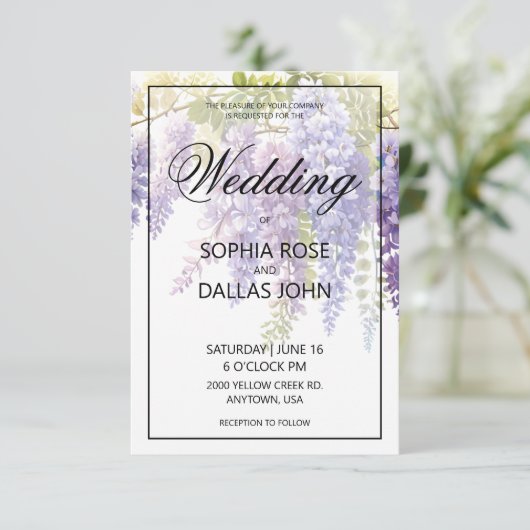 Elegante paarse blauw waterverf wisteria bruiloft kaart (Staand voorkant)