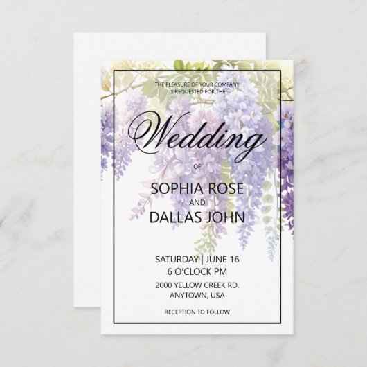 Elegante paarse blauw waterverf wisteria bruiloft kaart (Voorkant / Achterkant)