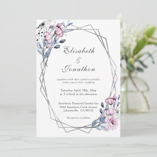 Elegante Paarse Blauwe Bloemen Geometrische Bruilo Kaart (Staand voorkant)