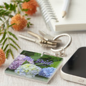 Elegante paarse blauwe bloemen hortensia's de brui sleutelhanger (Voorkant Rechts)
