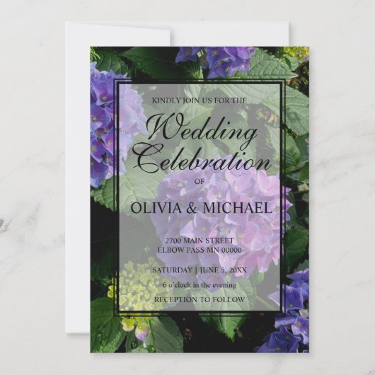 Elegante paarse blauwe bloemenhortensia bruiloft kaart (Voorkant)