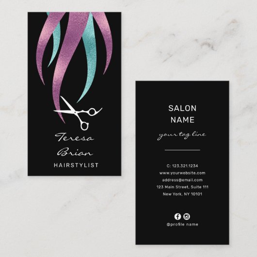Elegante paarse & blauwe schaar haarstylist visitekaartje (Voorkant / Achterkant)