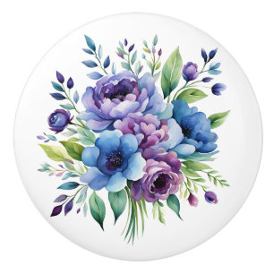 Elegante Paarse Blauwe Waterverf Bloemen Keramische Knop