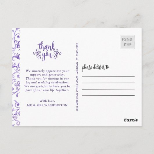 Elegante Paarse bloeit bruiloft Dank u Briefkaart (Achterkant)