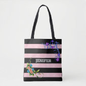 elegante paarse bloem Bloemen Zwart Roze strip Tote Bag (Voorkant)